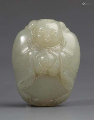 A GREENISH-WHITE JADE "GOOD FORTUNE BOY" PENDANT