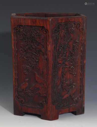 A FINELY CARVED SQUARE ROSEWOOD BUSH POT