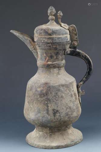 A LARGE MONGOLIAN BRONZE MONK'S CAP EWER