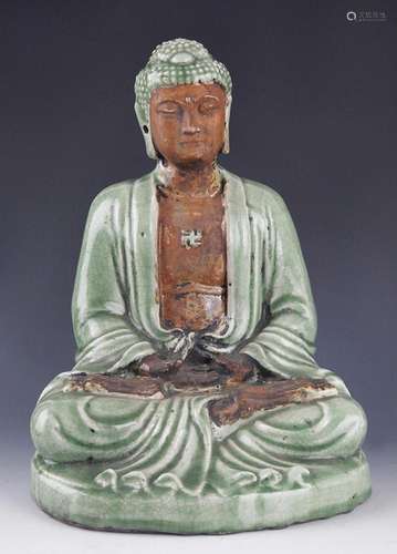 LONG QUAN KILN FINELY PAINTED PORCELAIN BUDDHA