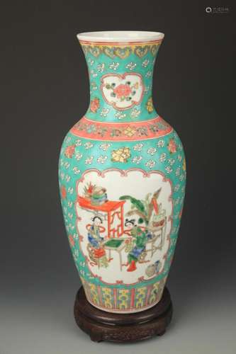 TURQUOISE GROUND STORY PAINTED GUAN Y INCH PORCELA INCH VASE