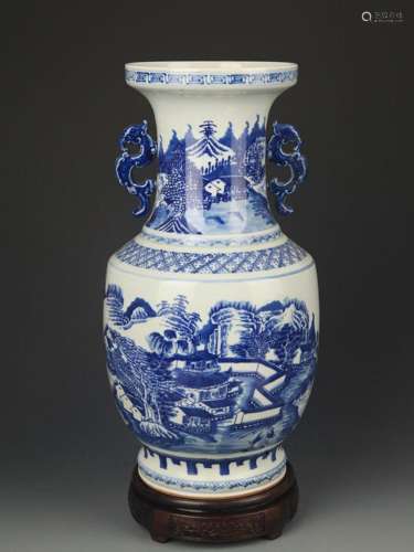 BLUE AND WHITE LANDSCAPING PATTERN DOUBLE EAR VASE