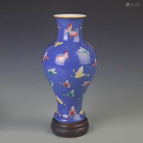 RARE BLUE GLAZE FAMILLE ROSE BUTTERFLY GUAN YIN VASE