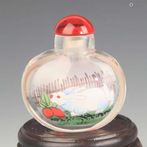 A FINE RABBIT PAINTED GLASS SNUFF BOTTLE