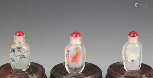 GROUP OF THREE INNER PAINTED GLASS SNUFF BOTTLE