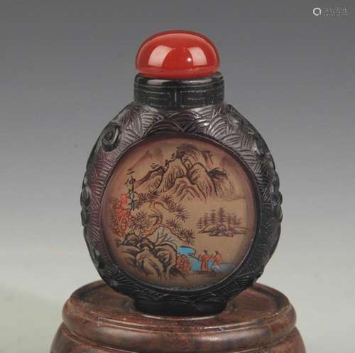 A FINE LANDSCAPE PATTERN GLASS SNUFF BOTTLE