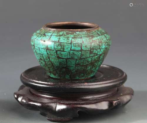 A SMALL BRONZE WITH TURQUOISE WATER JAR