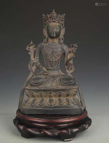 A BRONZE SHENG MU GUAN YIN STATUE