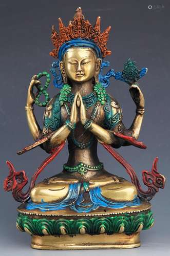 A FINELY CARVED TIBETAN FOUR ARM GUAN YIN BUDDHA