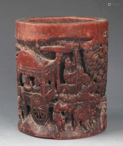 A FINE STORY CARVING BAMBOO BRUSH POT