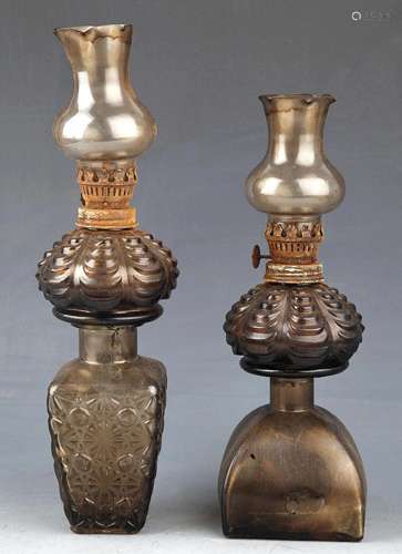 GROUP OF TWO OLD GLASS KEROSENE LAMP