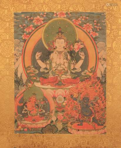 A FINE TIBETAN THANGKA "GUAN YIN" ON PAPER