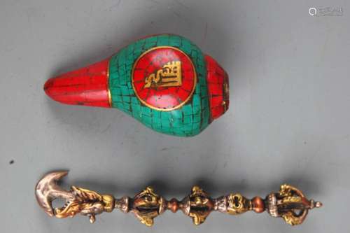 GROUP OF TIBETAN VAJRA AND PHURBA AND CONCH