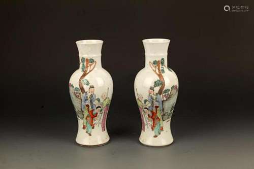 PAIR FAMILLE ROSE CHARACTER PAINTING PORCELAIN VASE