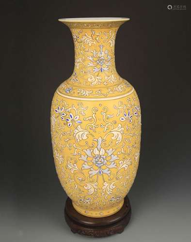 YELLOW GROUND ENAMEL COLOR LOTUS FLOWER VASE