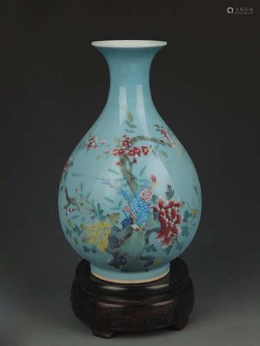 SKY BLUE GLAZE FAMILLE ROSE PEONY FLOWER VASE