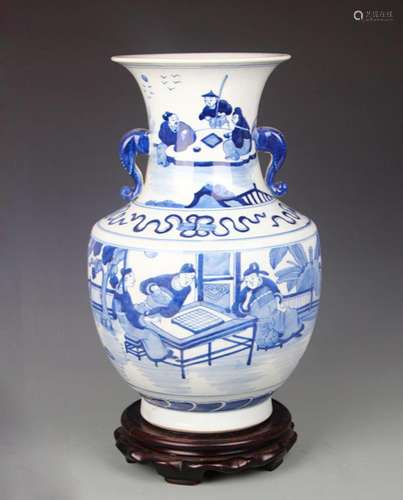 BLUE AND WHITE STORY PATTERN ELEPHANT EAR PORCELAIN VASE