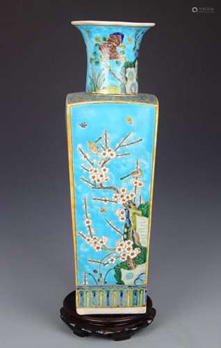 BLUE GROUND FAMILLE ROSE FLOWER AND BIRD VASE