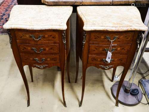 A pair of Louis XV design marquetry inlaid Kingwood marble t...
