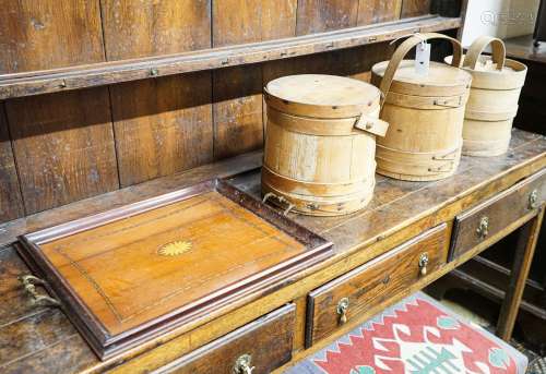 Three wooden butter pails and an Edwardian inlaid walnut tra...