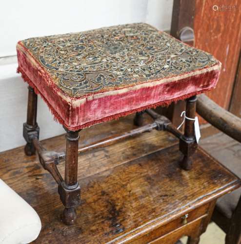 A George III turned mahogany stool with later Turkish bullio...