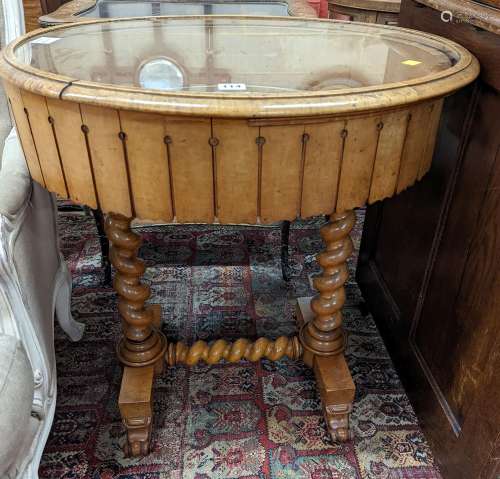 A Victorian birds eye maple bijouterie table, width 70cm, de...