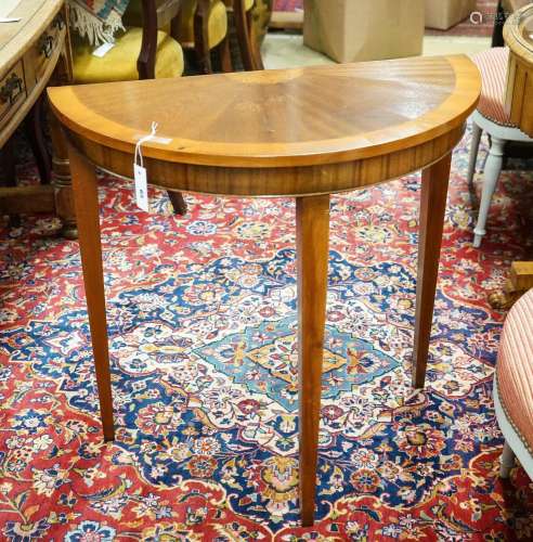 A reproduction inlaid mahogany D shape side table, width 36c...