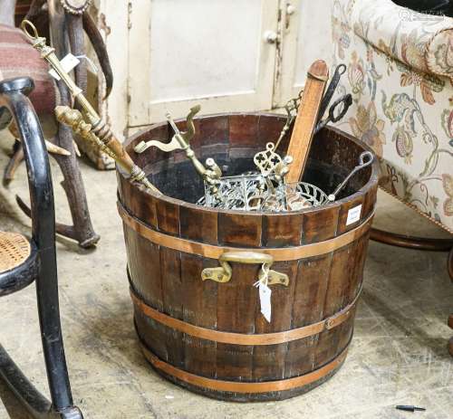 A copper bound staved oak log bin, sundry trivets and fire i...