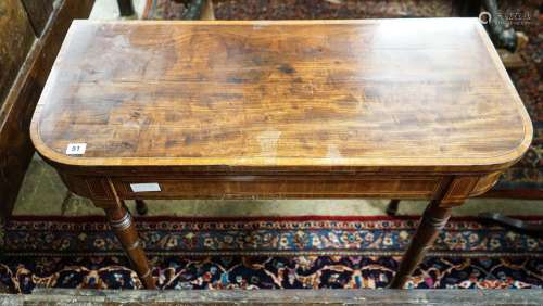 A Regency banded satinwood mahogany folding card table, widt...