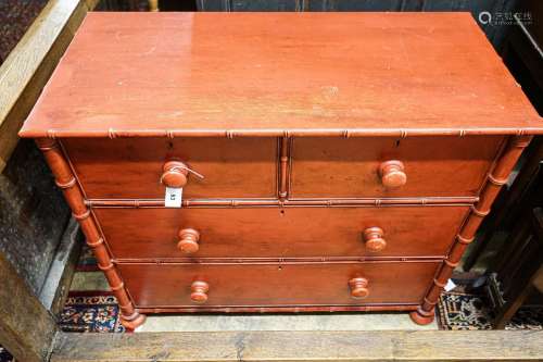A Victorian faux bamboo turned painted pine chest, width 104...