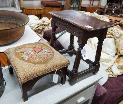 A 17th century style oak joint stool, width 46cm, depth 26cm...