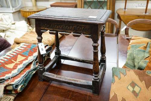 A 17th century style oak joint stool, width 46cm, depth 30cm...