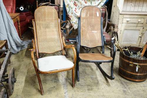 An ebonised Thonet-style caned Bentwood rocking chair and on...