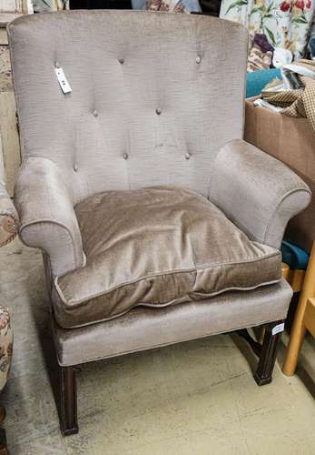 A George III style mahogany wing armchair, with carved squar...