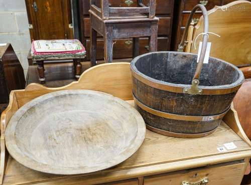 A copper bound staved oak log basket, width 45cm, depth 36cm...