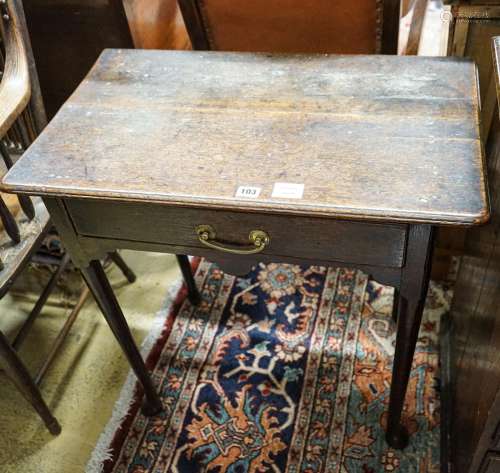 An early 18th century oak lowboy, with single drawer on slen...