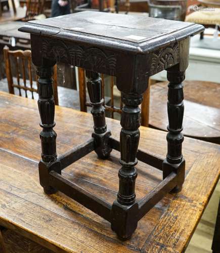 A late 18th century style stained oak joint stool, with turn...
