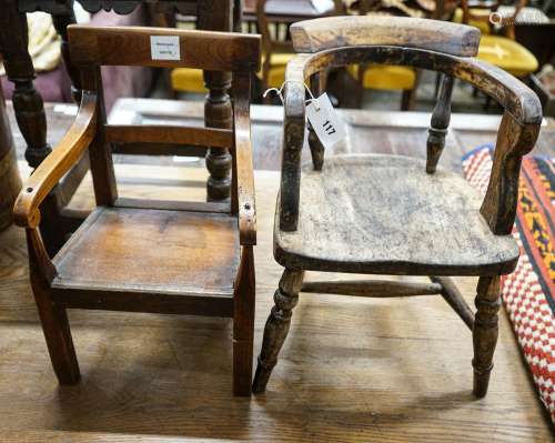 A 19th century fruitwood childs chair, larger width 30cm, he...