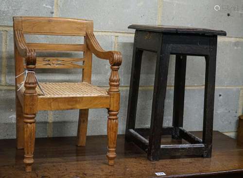 An 18th century primitive oak stool, width 34cm, depth 26cm,...