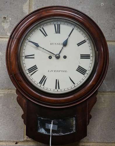 A Victorian mahogany drop dial wall clock, with twin fusee m...