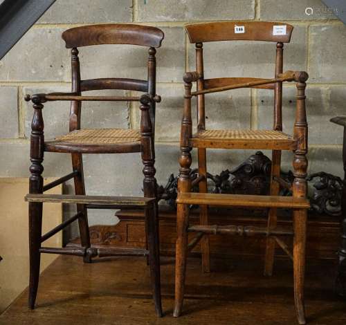 Two early Victorian carved and turned beech childs chairs, h...