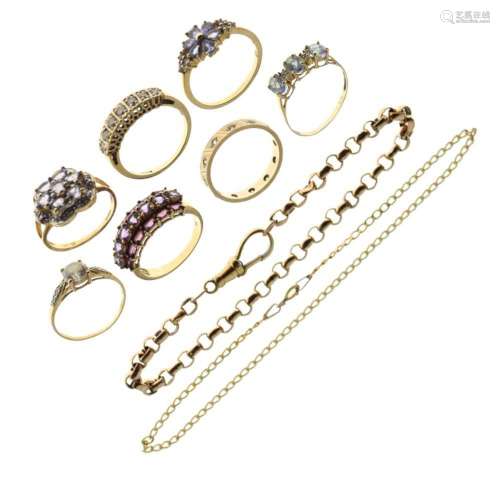 Group of 9ct yellow metal rings and bracelets