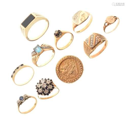 Ten assorted 9ct gold and yellow metal rings