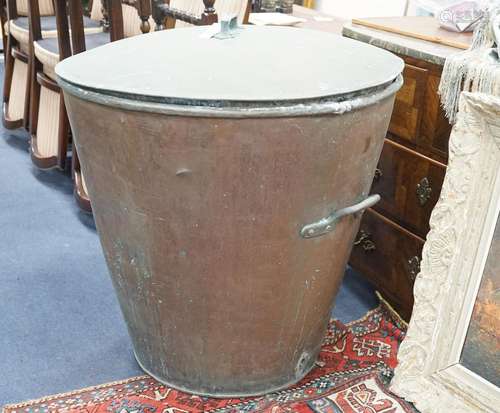 A large Victorian lidded copper vessel of tapering circular ...