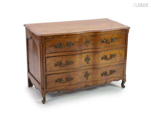 A Louis XV chestnut serpentine chest of three drawers, dated...