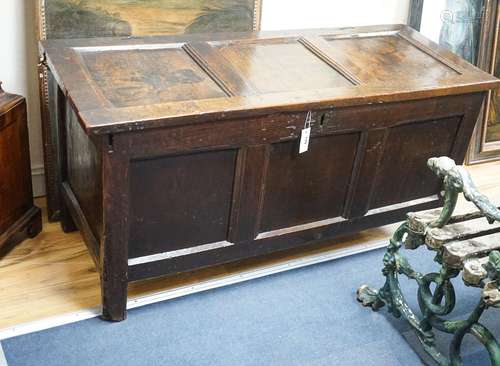 A late 17th century triple panelled oak coffer, length 126cm...