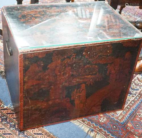 A 19th century Chinese export lacquer work tea chest, width ...