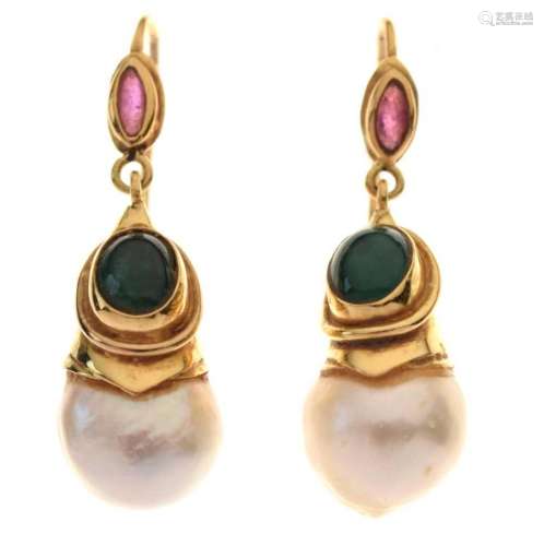 Pair of pearl, emerald and ruby drop earrings