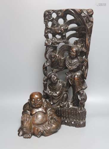 A Chinese hardwood and wire inlaid group of the He He Erxian...