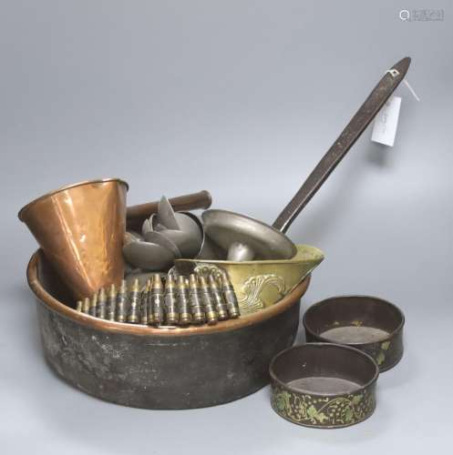 A group of assorted metalware including a copper pan, a bras...